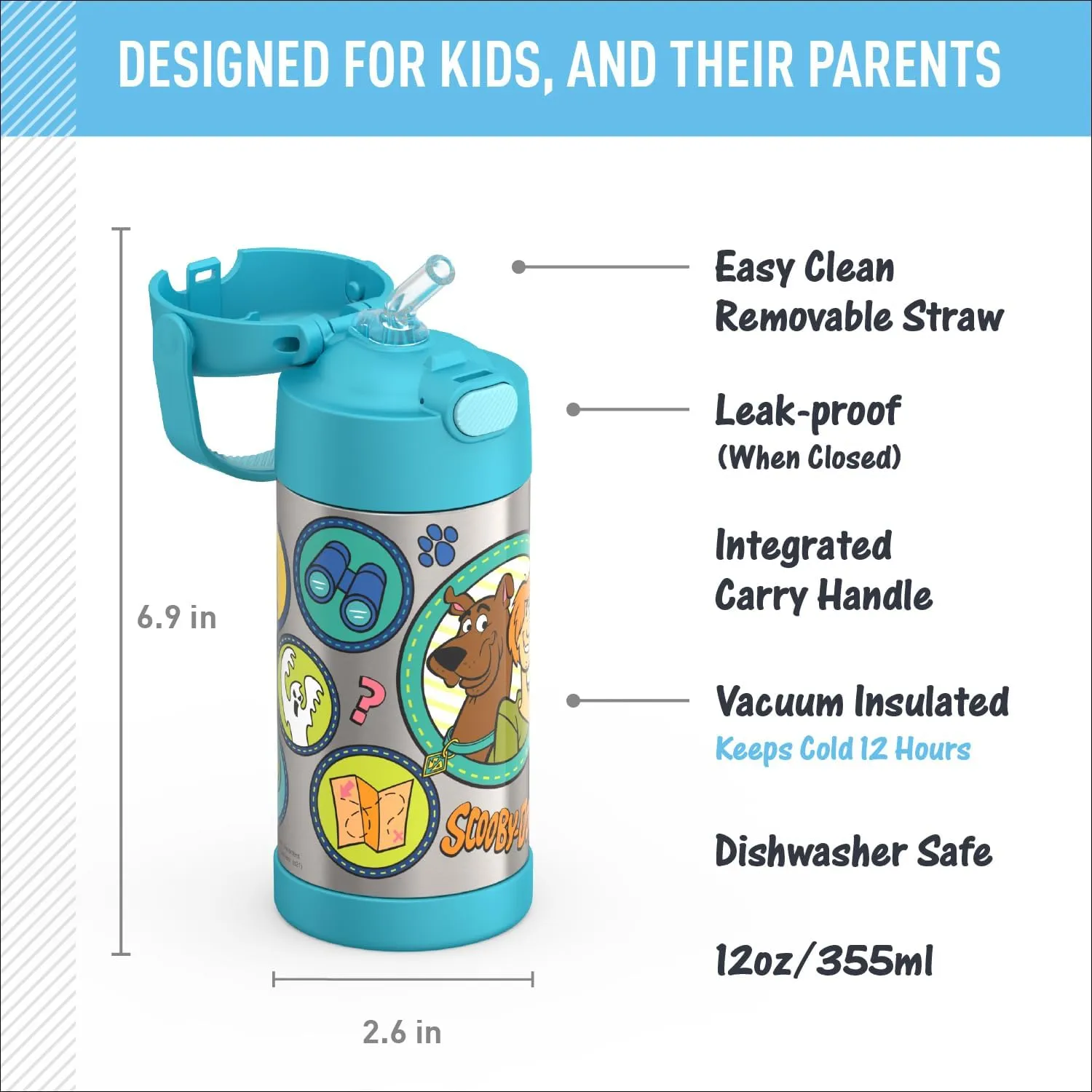THERMOS FUNTAINER Water Bottle with Straw - 12 Ounce - Kids Stainless Steel Vacuum Insulated Water Bottle with Lid, Scooby-Doo