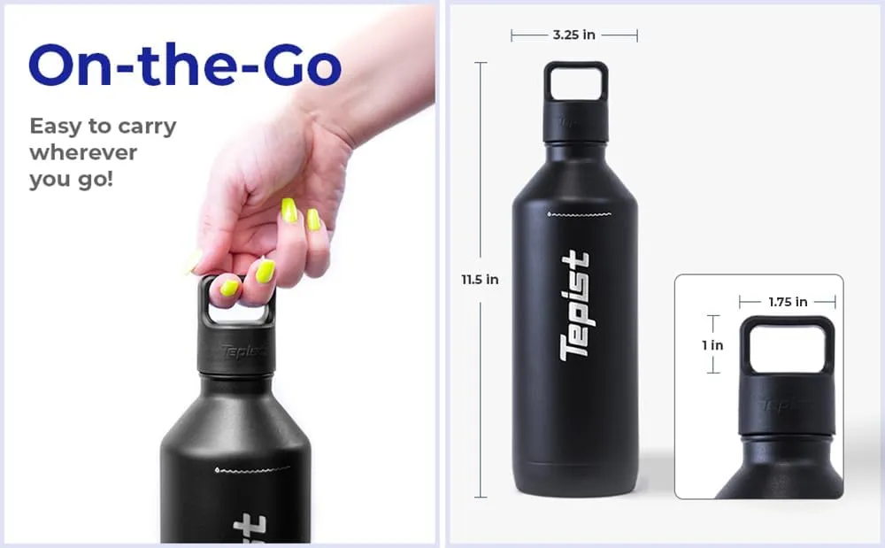ThirtyO 30oz Stainless Steel Bottle Compatible with Sodastream Machines | Powder Coated Black | Vacuum Sealed | Double Walled | Leak-Proof | Easy to Carry | Reusable Bottle