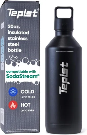 ThirtyO 30oz Stainless Steel Bottle Compatible with Sodastream Machines | Powder Coated Black | Vacuum Sealed | Double Walled | Leak-Proof | Easy to Carry | Reusable Bottle