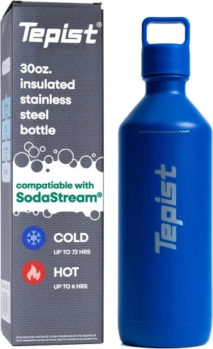 ThirtyO 30oz Stainless Steel Bottle Compatible with Sodastream Machines | Powder Coated Blue | Vacuum Sealed | Double Walled | Leak-Proof | Easy to Carry | Reusable Bottle