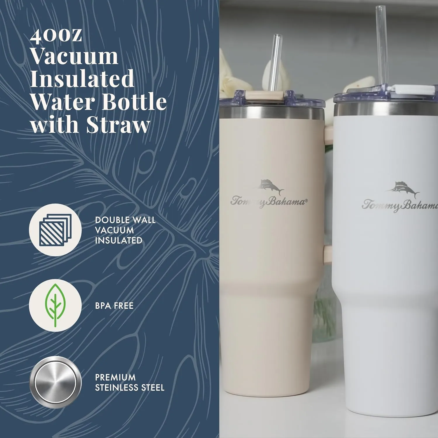 Tommy Bahama Vacuum Insulated Water Bottle with Straw - Double-Wall Stainless Steel, BPA Free, Keep Drinks Warm for 6 Hours or Cold for 12 Hours - Beige, 40oz