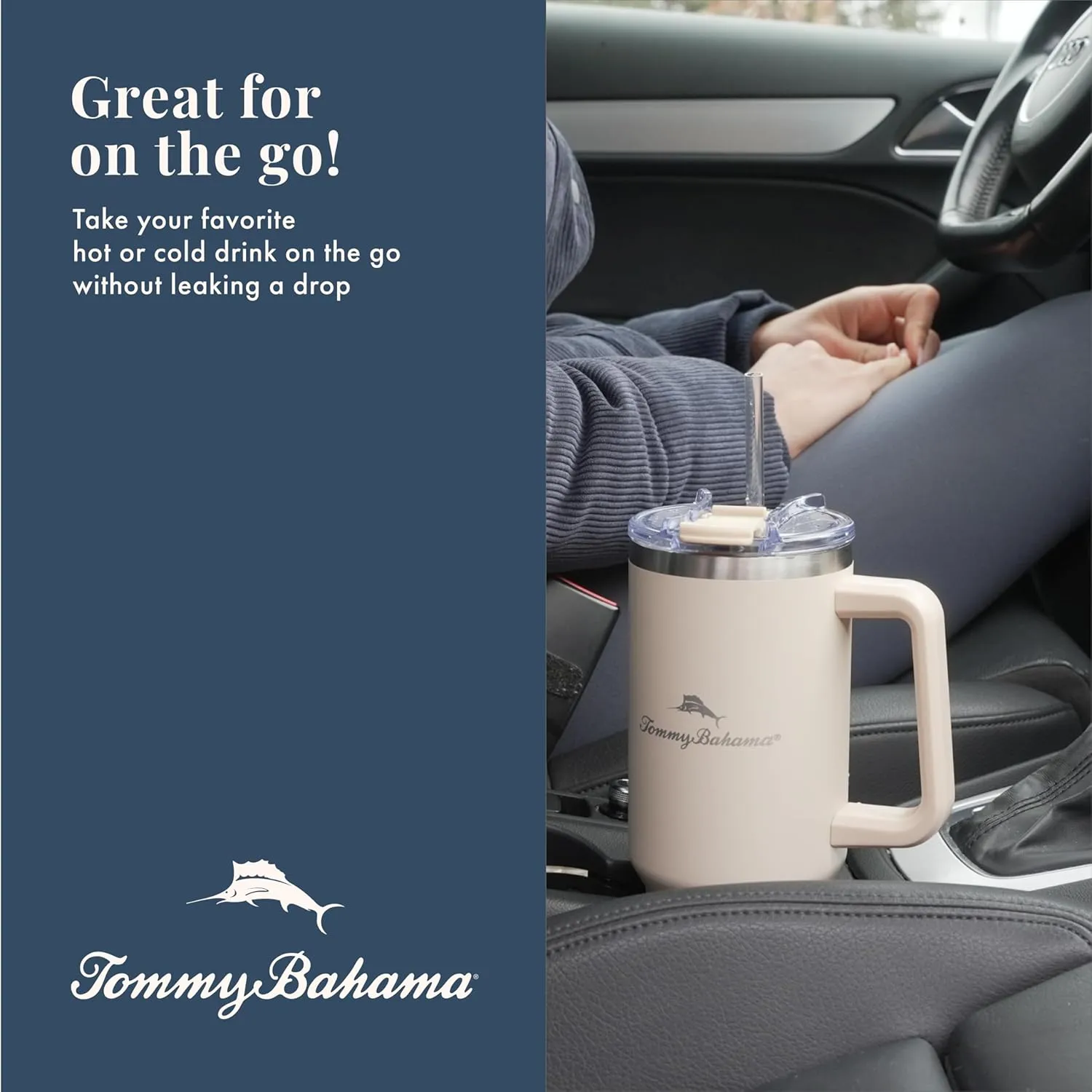 Tommy Bahama Vacuum Insulated Water Bottle with Straw - Double-Wall Stainless Steel, BPA Free, Keep Drinks Warm for 6 Hours or Cold for 12 Hours - Beige, 40oz