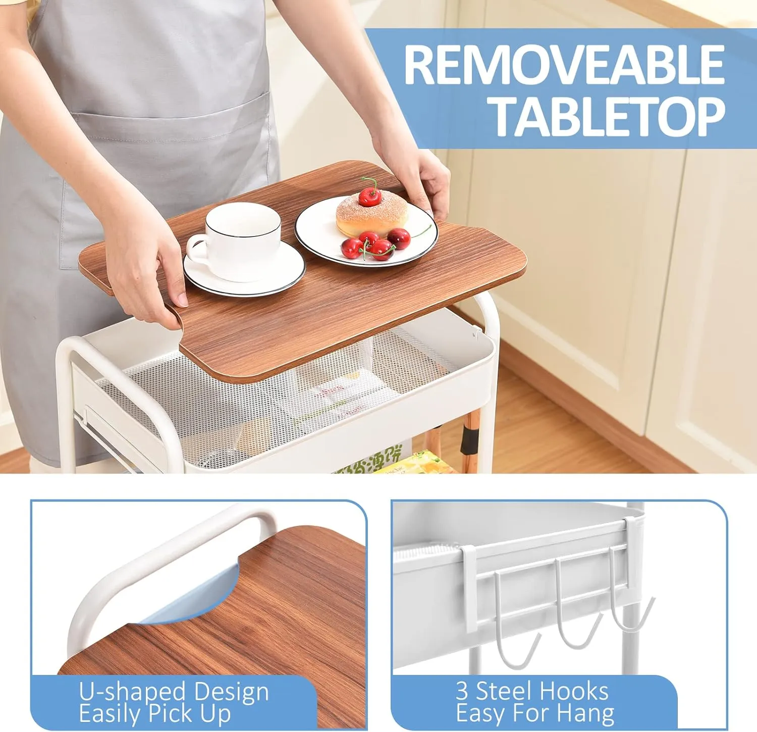 TOOLF 3-Tier Rolling Cart, Metal Utility Cart with Detachable Tray Top, Storage Craft Art Cart Trolley Organizer Easy Assembly for Bathroom, Living Room, Office, Kitchen, Classroom, White