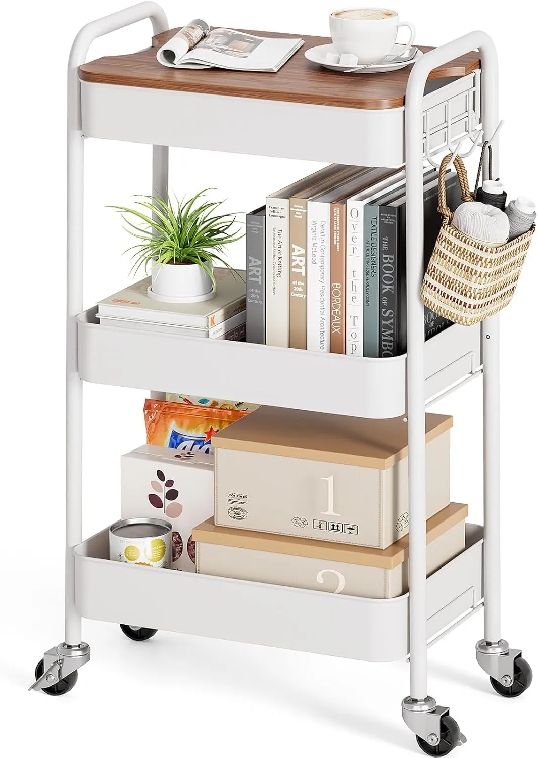 TOOLF 3-Tier Rolling Cart, Metal Utility Cart with Detachable Tray Top, Storage Craft Art Cart Trolley Organizer Easy Assembly for Bathroom, Living Room, Office, Kitchen, Classroom, White
