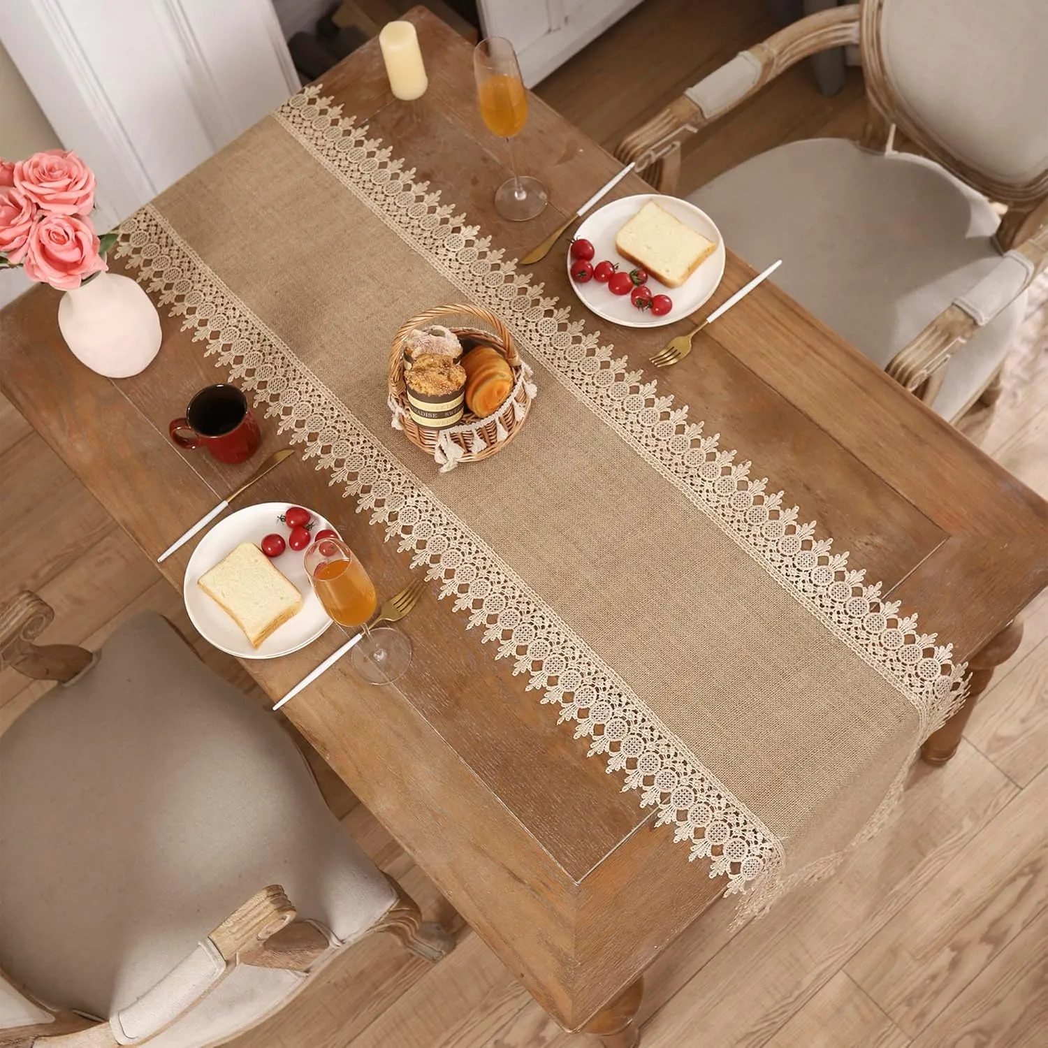 Tosleo Jute Boho Table Runner for Summer Home Decor 106 Inches Long Farmhouse Table Runner Khaki Linen Table Runner with Lacework for Dining Living Room Bedroom Bridal Shower (15x106 Inches)
