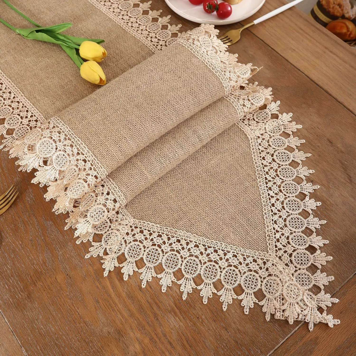 Tosleo Jute Boho Table Runner for Summer Home Decor 106 Inches Long Farmhouse Table Runner Khaki Linen Table Runner with Lacework for Dining Living Room Bedroom Bridal Shower (15x106 Inches)