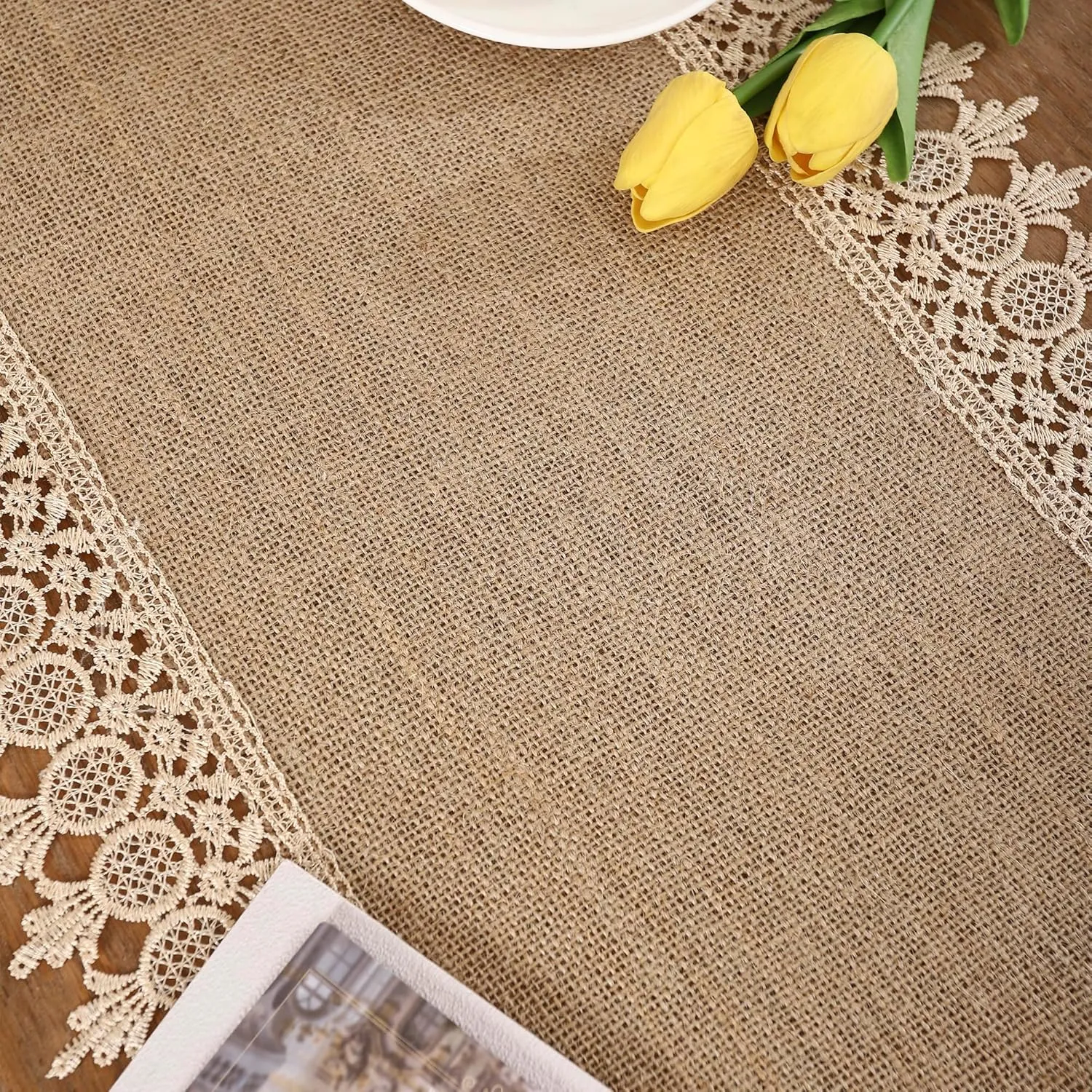 Tosleo Jute Boho Table Runner for Summer Home Decor 106 Inches Long Farmhouse Table Runner Khaki Linen Table Runner with Lacework for Dining Living Room Bedroom Bridal Shower (15x106 Inches)