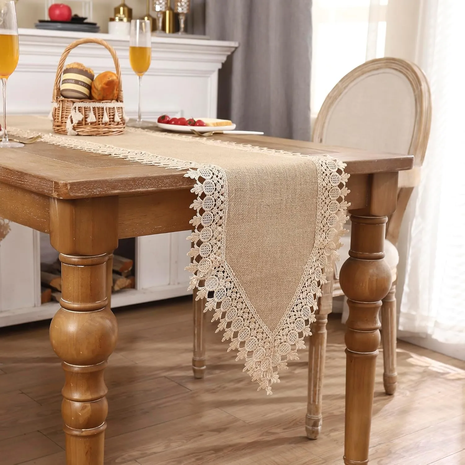Tosleo Jute Boho Table Runner for Summer Home Decor 106 Inches Long Farmhouse Table Runner Khaki Linen Table Runner with Lacework for Dining Living Room Bedroom Bridal Shower (15x106 Inches)