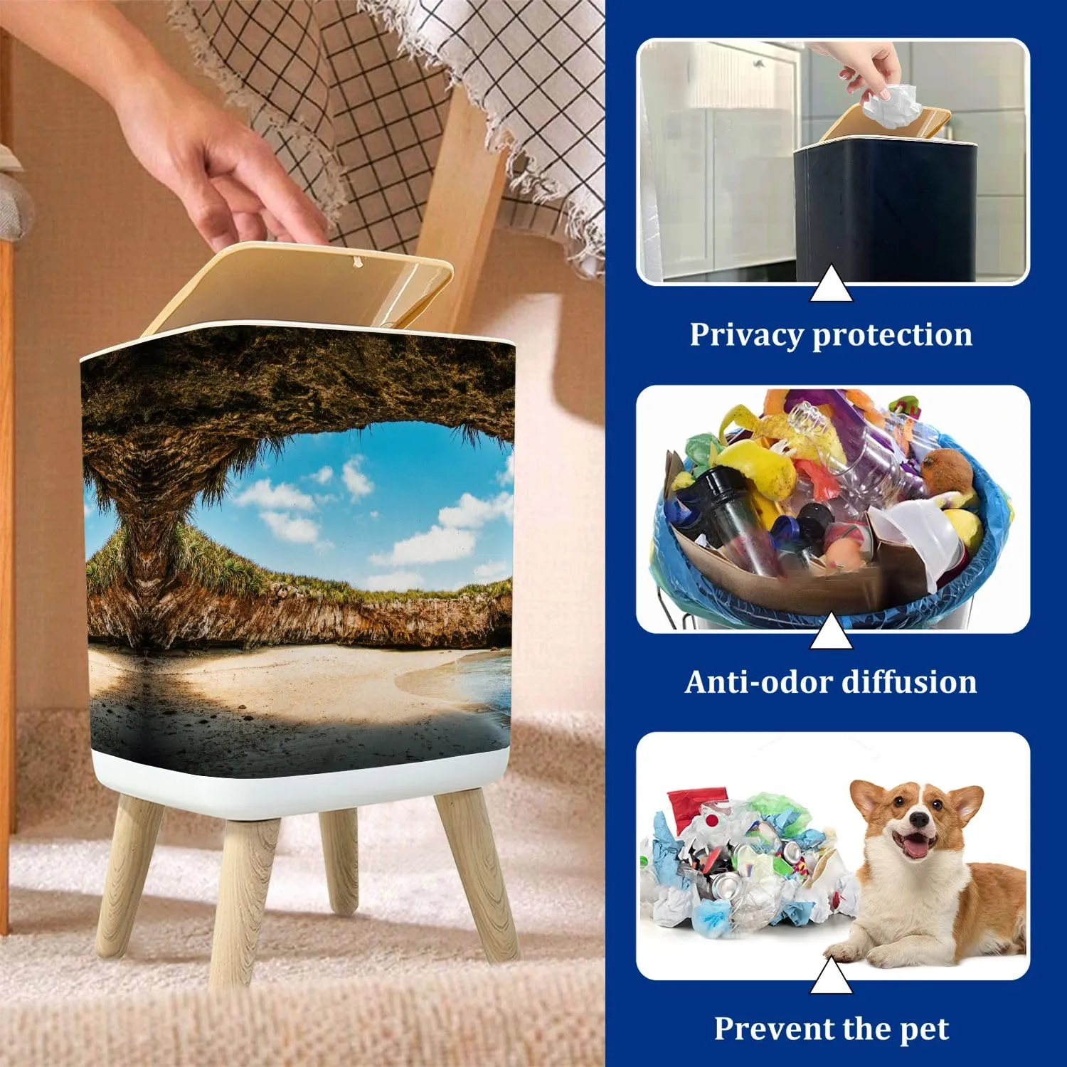 Trash Can with Lid Hidden Beach Marietas Islands Puerto Vallarta Garbage Can Rectangular Waste Bin Press Cover Dog Proof Wastebasket for Kitchen Bathroom Living Room Nursery