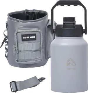 Tribe WOD Tactical Water Bottle - 64 oz - Outdoor Military Water Bottles Stainless Steel - Double-Wall Jug with Rugged Strap and Removable Sleeve for Keys, Wallet, Phone (Ash Grey)