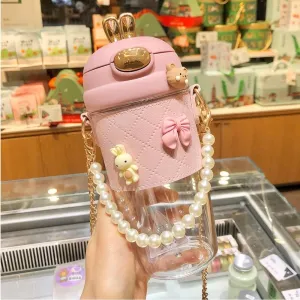 TULDYS Kawaii Water Bottle, 20 oz 580ml Rabbit Water Glass with Pearl Chain Strap, 3D Stickers Cute Aesthetic Bottle for girls for outdoor (Pink)
