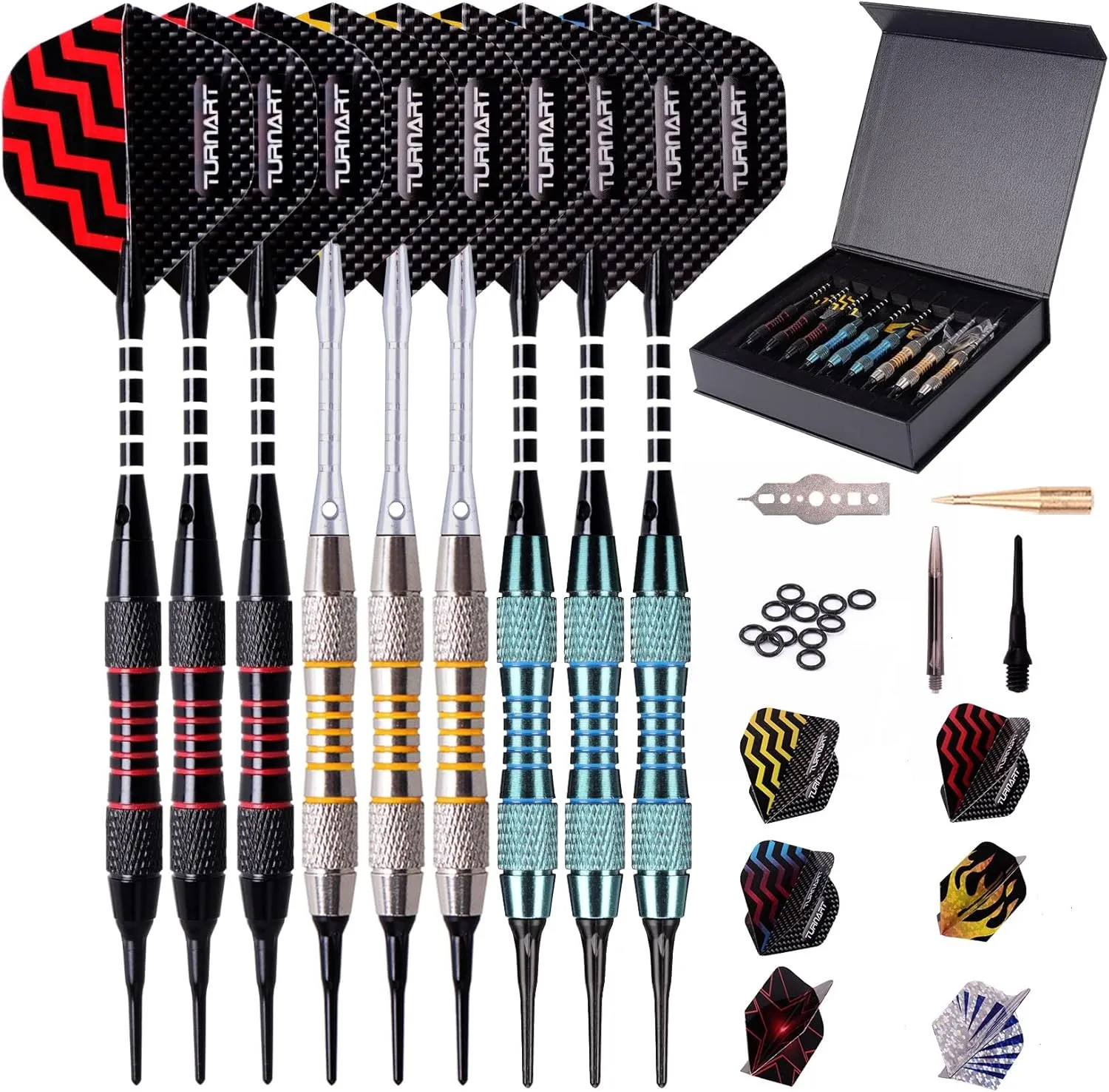 Turnart Darts Plastic Tip - Professional Soft Tip Darts Set for Electronic Dartboard 9 Pcs 18 Grams with 50 Extra Tips 9 Shafts 27 Flights Tool Kit Flight Protectors and Gift Darts Case