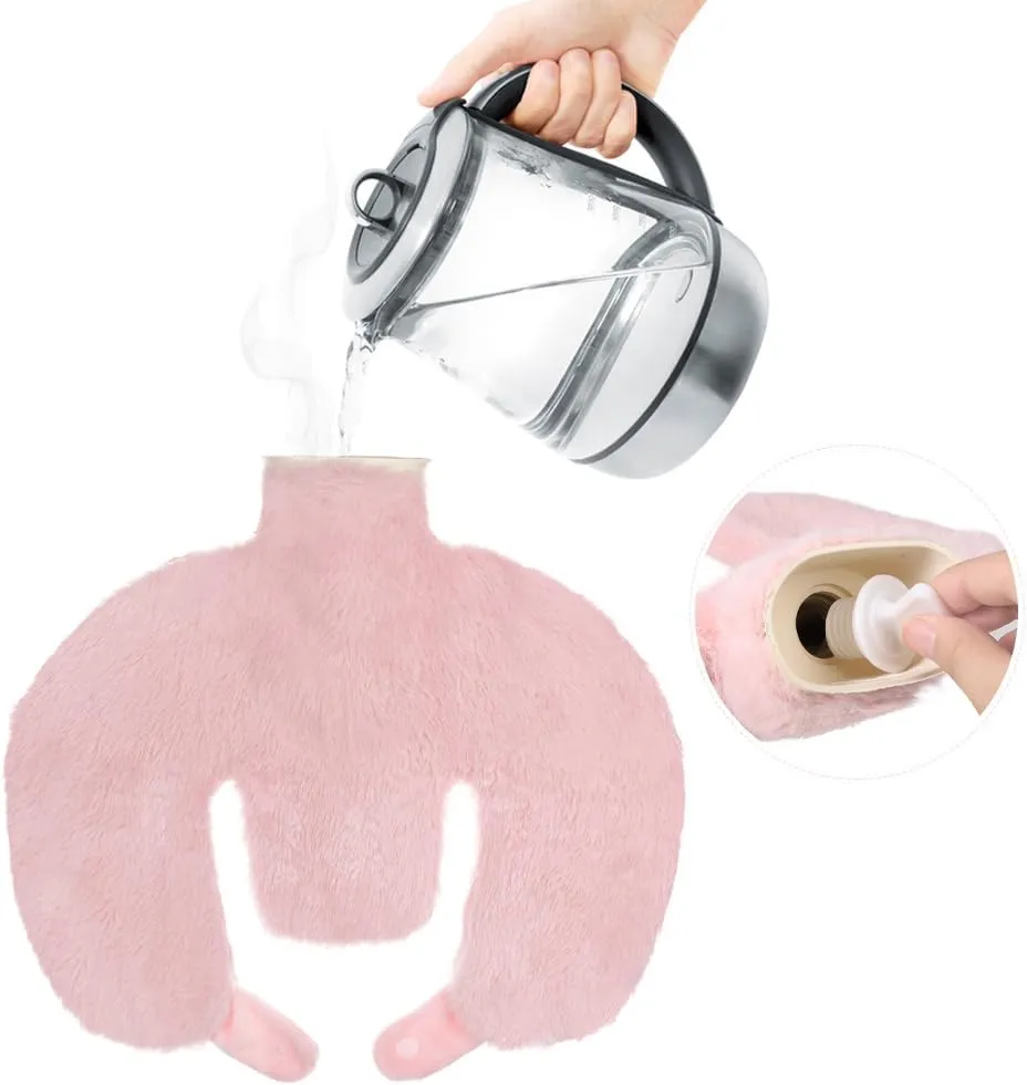 U Shaped Hot Water Bottle 1L Hot Water Bag with Detachable Cover Soft Plush Neck Warmer for Neck Shoulder Abdomen, Back