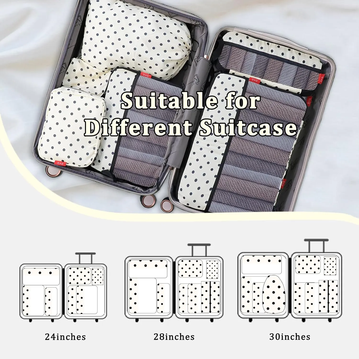U U 10 Set Compression Packing Cubes - Ultralight Travel Organizers with Laundry Bag and Cosmetic Bag, Space-Saving Suitcase Organizer for Travel, Business Trip and Family Vacation (Polka Dot)