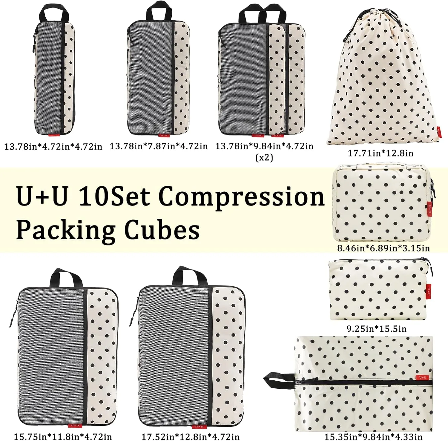 U U 10 Set Compression Packing Cubes - Ultralight Travel Organizers with Laundry Bag and Cosmetic Bag, Space-Saving Suitcase Organizer for Travel, Business Trip and Family Vacation (Polka Dot)