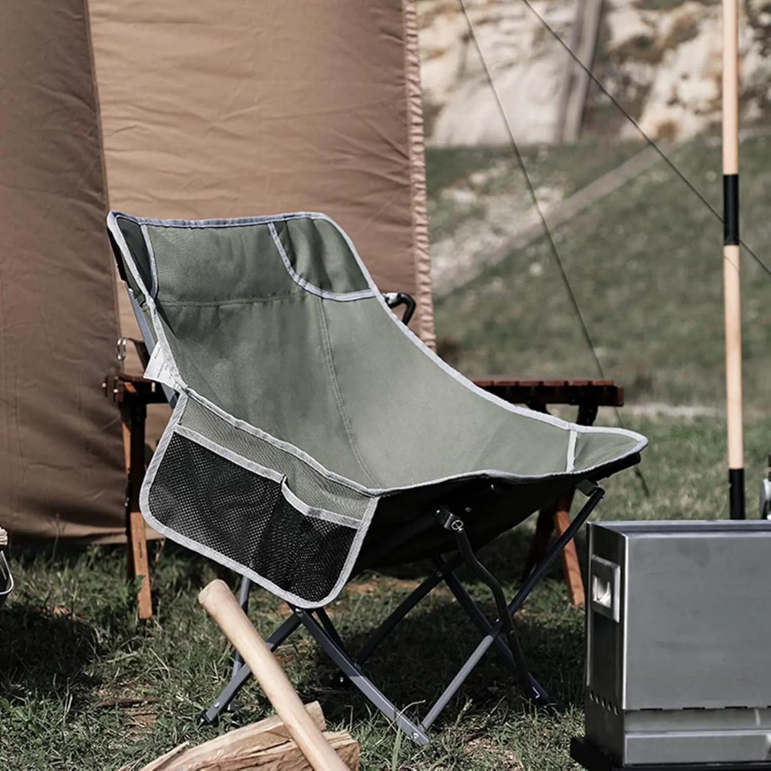 Ultralight Outdoor, Lazy Moon Chair, Portable Fishing Chair with Backrest Stool, Camping Recliner (Color : Army Green)