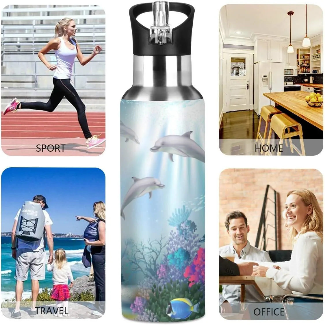 Underwater World Of Dolphins Sports Water Bottle, 22 Oz BPA Free Non-Toxic Stainless Steel Water Bottle with Straw for Gym Yoga Fitness Camping