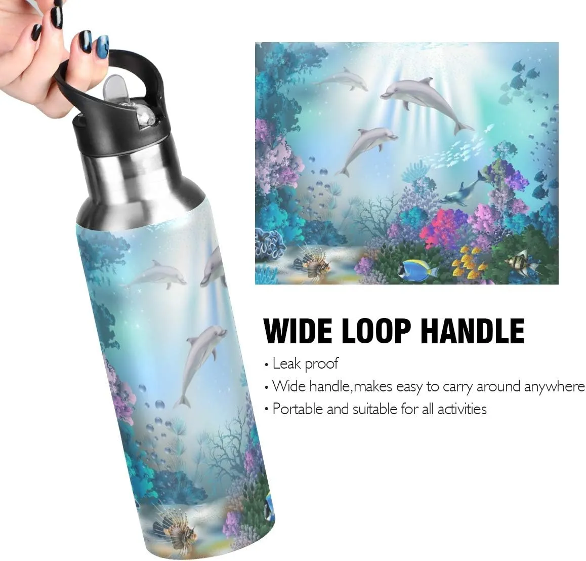 Underwater World Of Dolphins Sports Water Bottle, 22 Oz BPA Free Non-Toxic Stainless Steel Water Bottle with Straw for Gym Yoga Fitness Camping