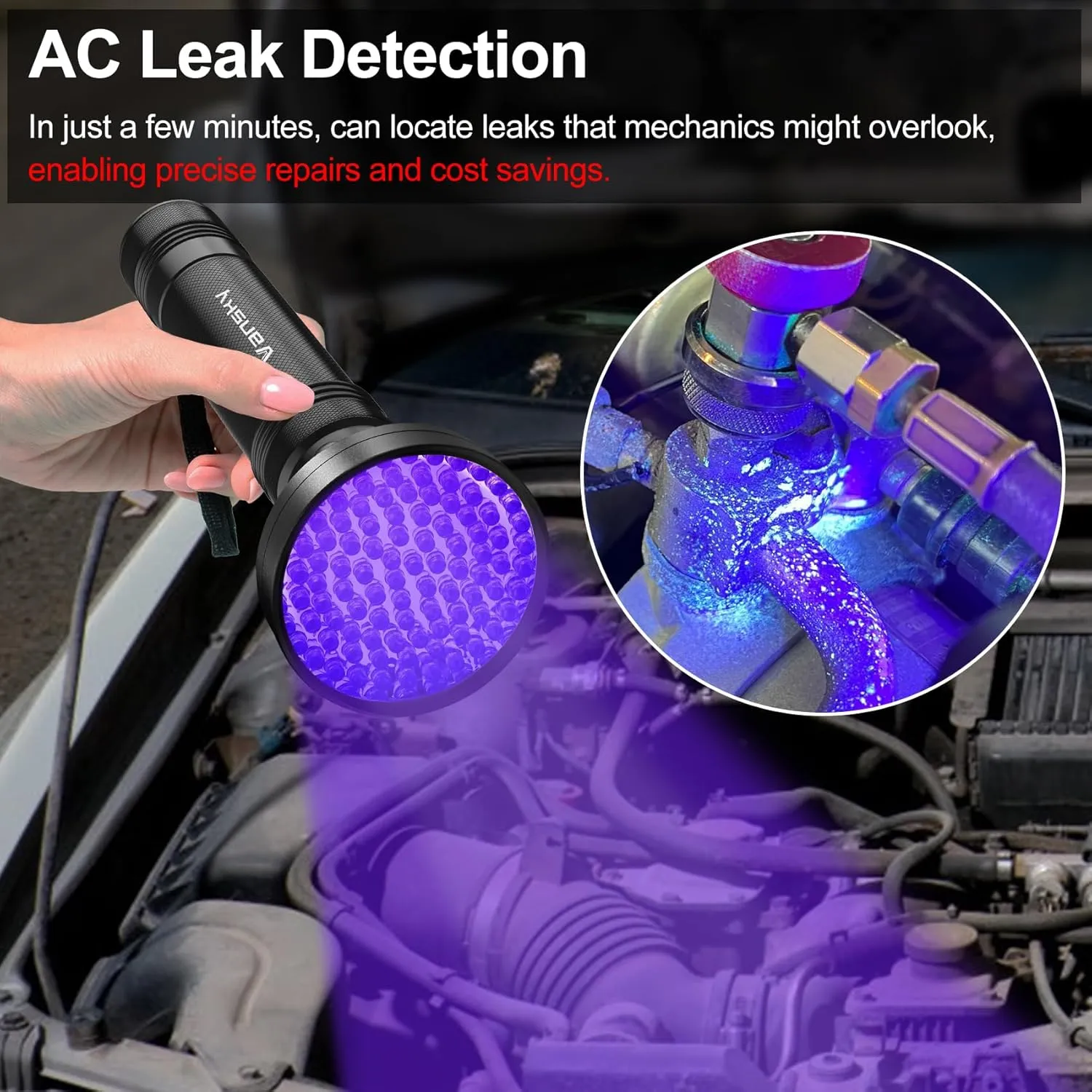 Vansky Air Conditioner Leak Detection: 100 LED Car AC UV Dye Leak Detector Kit with Protective Glasses - Automotive Professional Tool