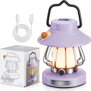 V.C Retro Snail Kids Lantern - Premium Violet USB Rechargeable Camping Light, 3-Color Dimmable LED Night Light with Tent Hook, Outdoor Indoor Safe for Bedroom/Gifts (Kids Camping Essentials)