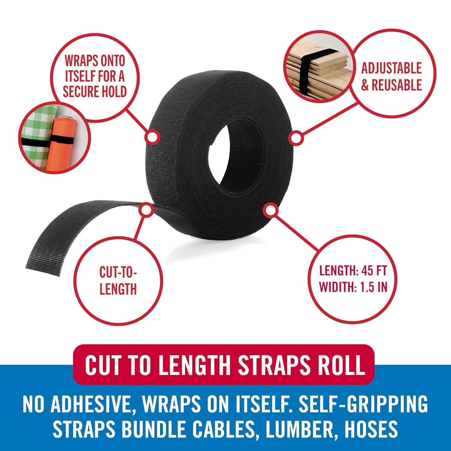 VELCRO Brand ONE-WRAP Double Sided Roll | 45 Ft x 1-1/2 In | Cut to Length Straps Heavy Duty | Bundling Ties Fasten to Themselves for Secure Hold, Black (91881)