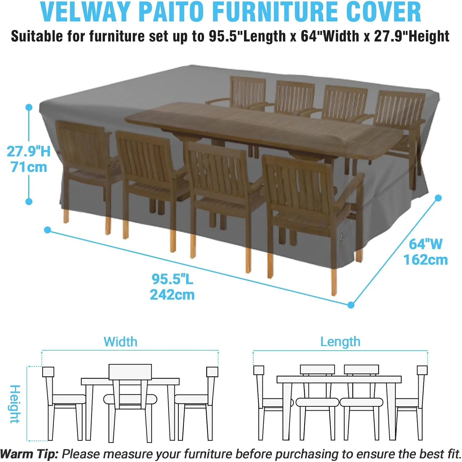 Velway Patio Furniture Cover Outdoor, Waterproof Rectangular Patio Table Chair Sofa Set Cover, 95”Lx64”Wx39”H, All Weather Oxford Tear-Resistant Material with Zipper Carrying Bag Windproof Buckles
