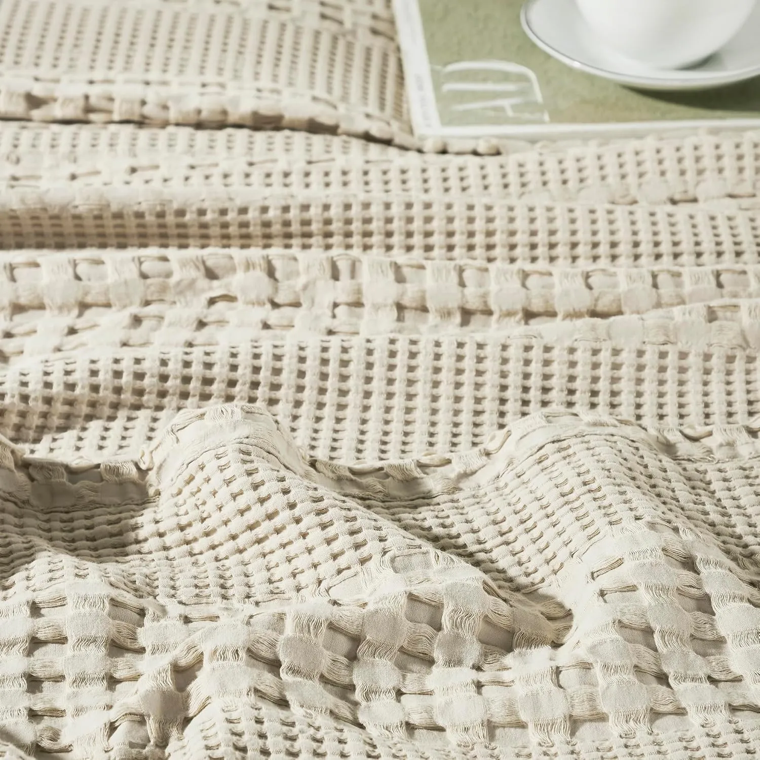 VHC Brands 100% Cotton Waffle Weave Natural Queen Size Sham Set of 2 20x30, Decorative Throw Pillow Covers/Shams, Boho Farmhouse Bedroom Decor