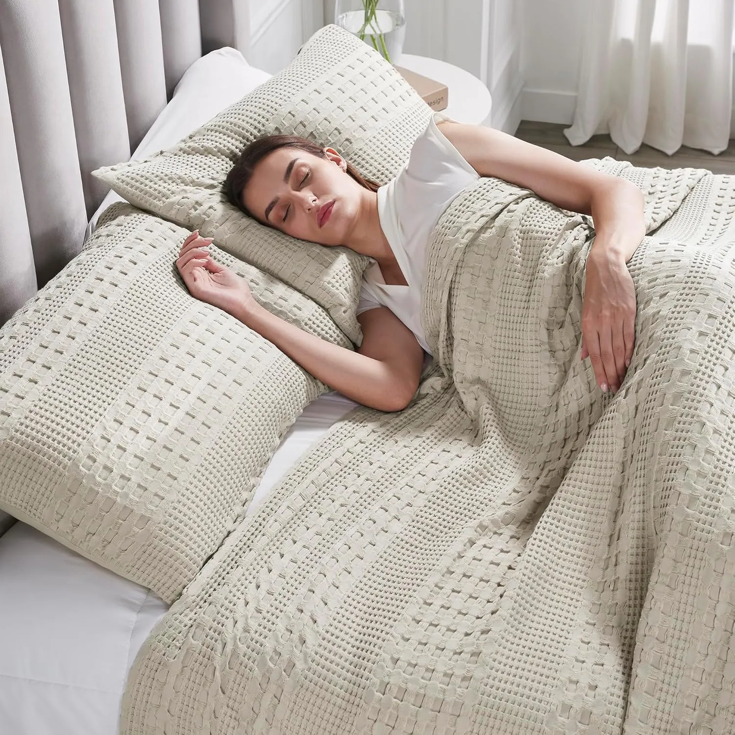 VHC Brands 100% Cotton Waffle Weave Natural Queen Size Sham Set of 2 20x30, Decorative Throw Pillow Covers/Shams, Boho Farmhouse Bedroom Decor