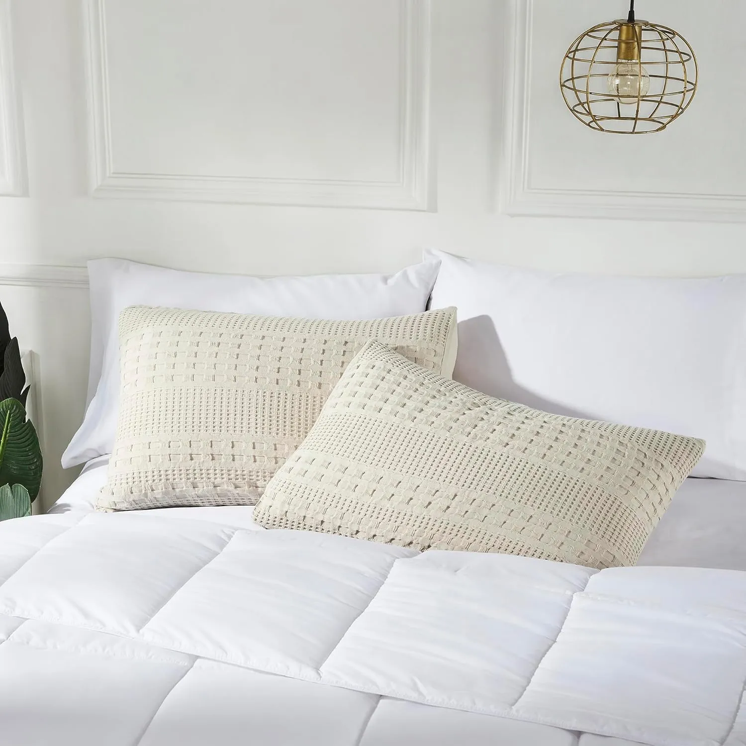 VHC Brands 100% Cotton Waffle Weave Natural Queen Size Sham Set of 2 20x30, Decorative Throw Pillow Covers/Shams, Boho Farmhouse Bedroom Decor