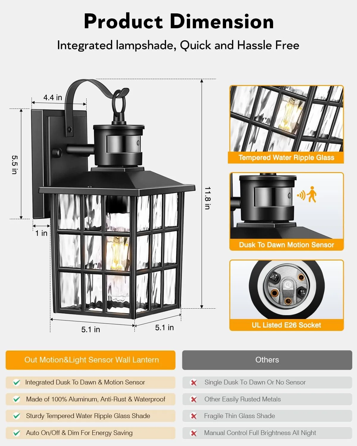 VIANIS Outdoor Wall Lantern With Motion Sensor, Dusk To Dawn Exterior Light Fixtures Wall Mount, LED Outdoor Porch Light, Anti-Rust 100% Aluminum Modern Black Outdoor Sconce Lights for Garage,Entryway
