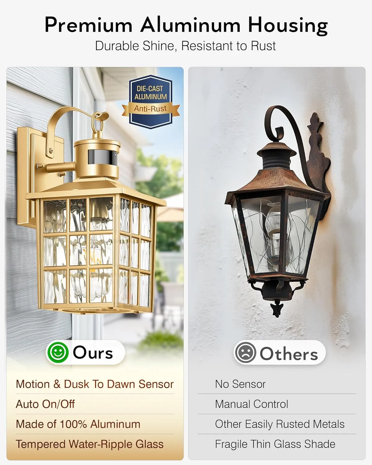 VIANIS Porch Lights Outdoor, Gold Outdoor Garage Lights Wall Mount, Modern Outside Motion Sensor Lights for House, Exterior Lantern Light Fixtures, Exterior Lamps LED Wall Sconce Lighting