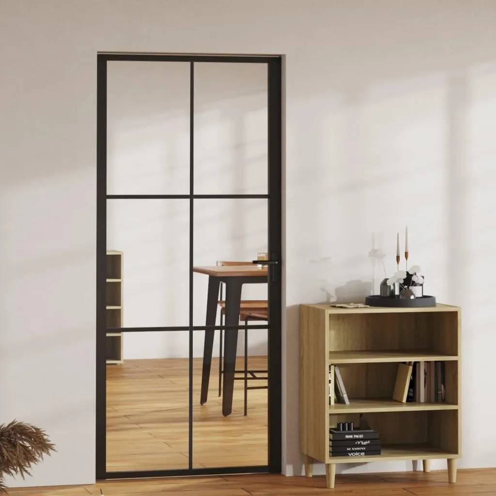 vidaXL Modern Interior Door 36.6"x79.3" - Black ESG Tempered Glass and Aluminum Frame Door with Vertical Decorative Line - Transparent Design for Natural Light Infusion