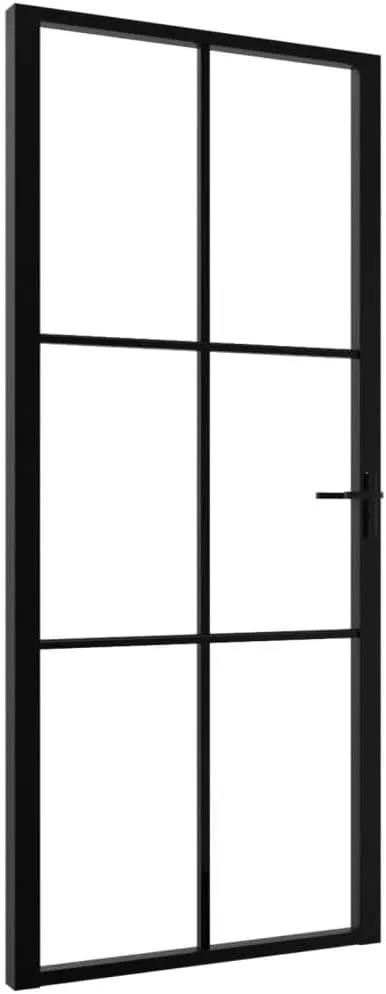 vidaXL Modern Interior Door 36.6"x79.3" - Black ESG Tempered Glass and Aluminum Frame Door with Vertical Decorative Line - Transparent Design for Natural Light Infusion
