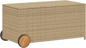 vidaXL Poly Rattan Garden Storage Box-50.2 Gal Mix Beige Outdoor Cushion Container with Water-Resistant Bag, Wheels