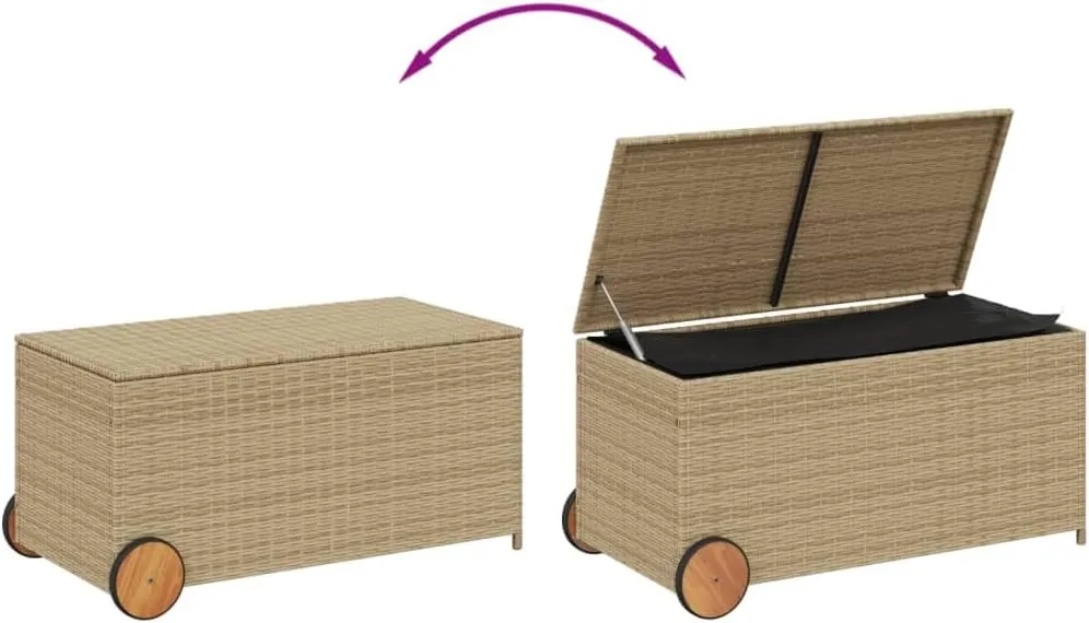 vidaXL Poly Rattan Garden Storage Box-50.2 Gal Mix Beige Outdoor Cushion Container with Water-Resistant Bag, Wheels