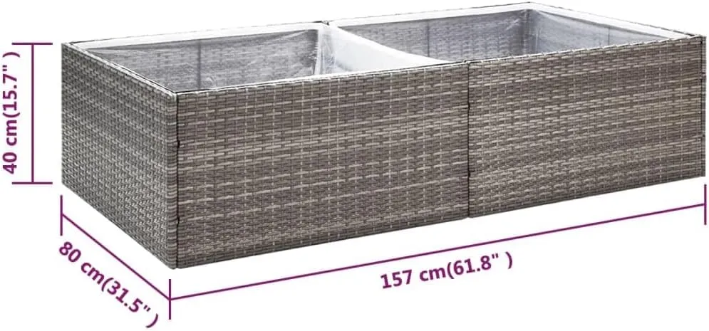 vidaXL Rectangular Garden Planter - Sturdy & Durable Outdoor Planter Made from PE Rattan - Flower Bed with Transparent Nylon Bag - Ideal for Gardens/Yards - Gray, 61.8"x31.5"x15.7"