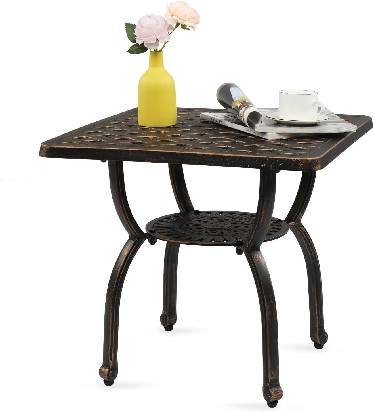 VINGLI 22" Cast Aluminum Outdoor Side Table, All Weather Patio Side Table Outdoor End Table for Patio, Porch, Deck, Garden, Bronze (Square)