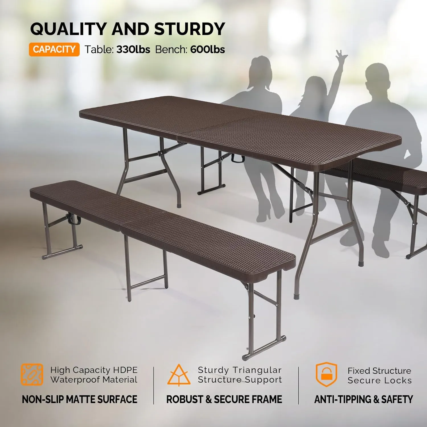 VINGLI Picnic Table Set with 2 Benches, 6 Feet Camping Table Chair Set, 3-Piece Folding Furniture for Indoor or Outdoor Use, Rattan Patterned Tabletop, Brown