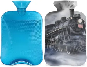 Vintage Locomotive Train Hot Water Bottle with Cover,Retro 2L Hot Water Bag for Hot Compress Hot Bottle Water Bag for Hand Feet Warmer,Neck,Shoulder Pain Relief,Menstrual Cramps