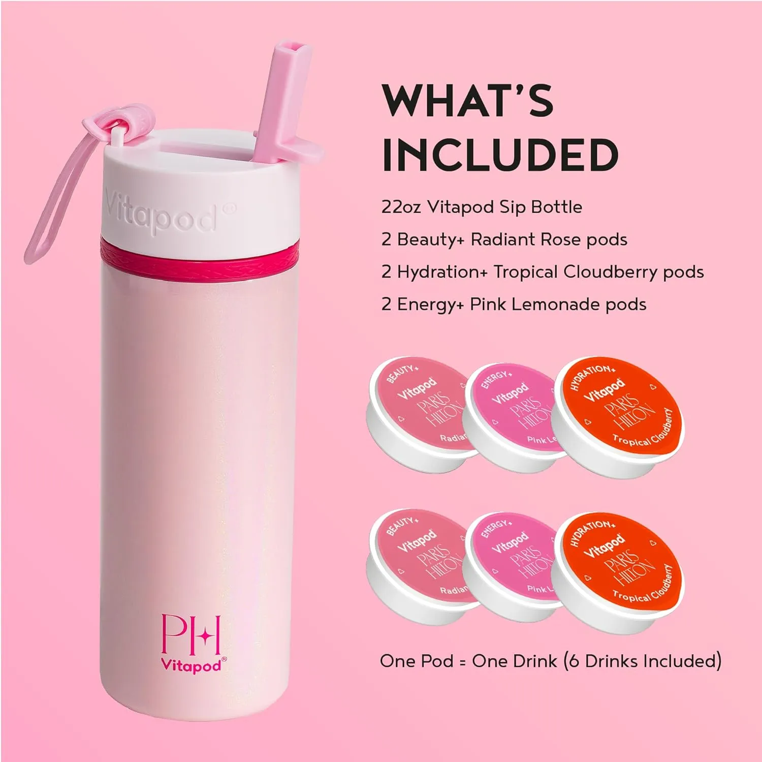 Vitapod Paris Hilton x Daily Wellness System - 22oz Pearlescent Water Bottle in That's Hot Pink & 6 Drink Mix Pod Sampler, Includes BEAUTY , HYDRATION , and ENERGY  Functional Drink Mix Pods
