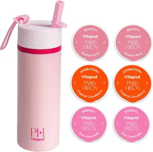 Vitapod Paris Hilton x Daily Wellness System - 22oz Pearlescent Water Bottle in That's Hot Pink & 6 Drink Mix Pod Sampler, Includes BEAUTY , HYDRATION , and ENERGY  Functional Drink Mix Pods