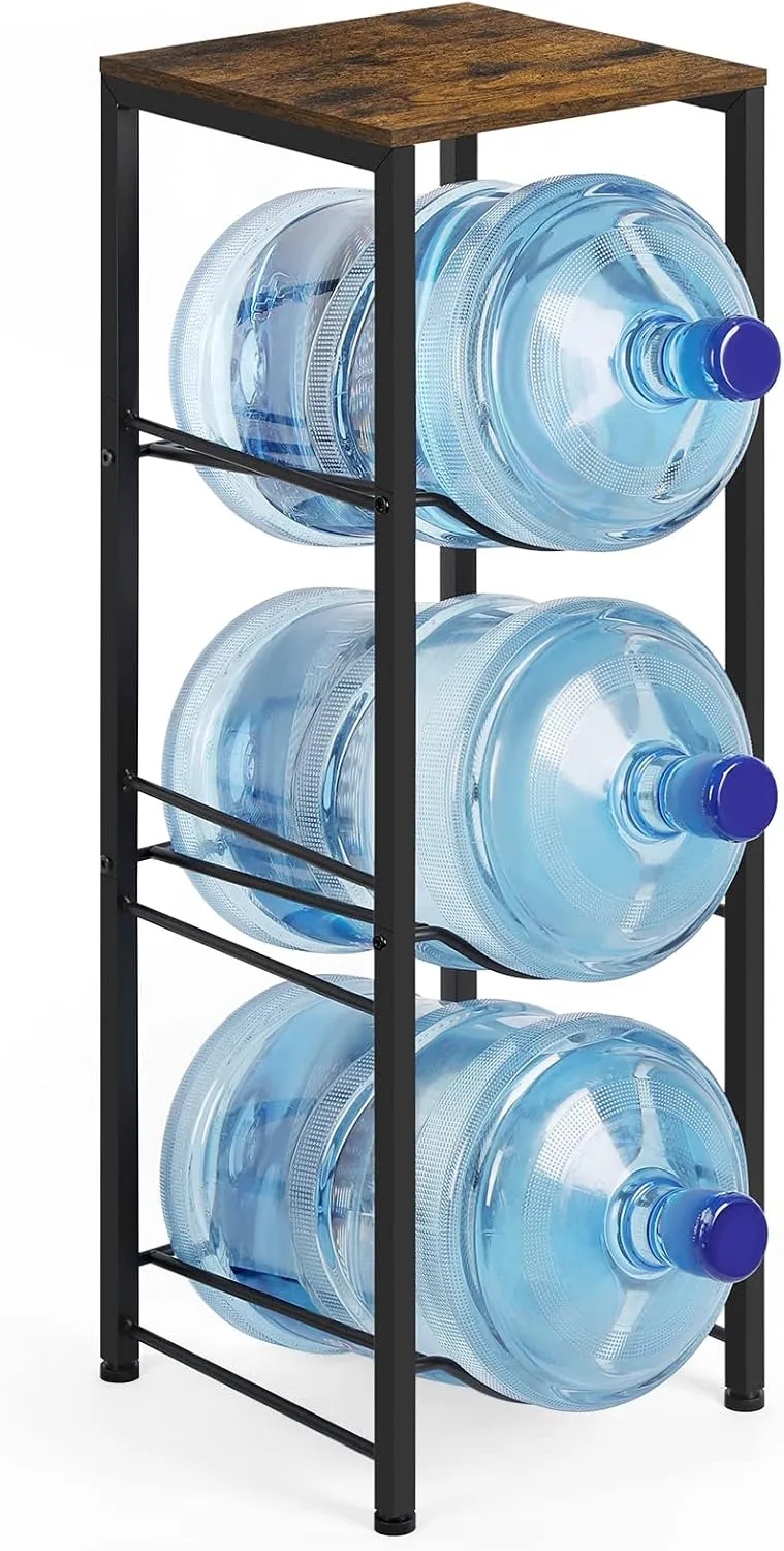 Water Bottle Holder 5 Gallon Water Cooler Jug Rack 3-Tiers Water Bottle Organizer with Storage Shelves for Kitchen Living Room Office, Rustic Brown