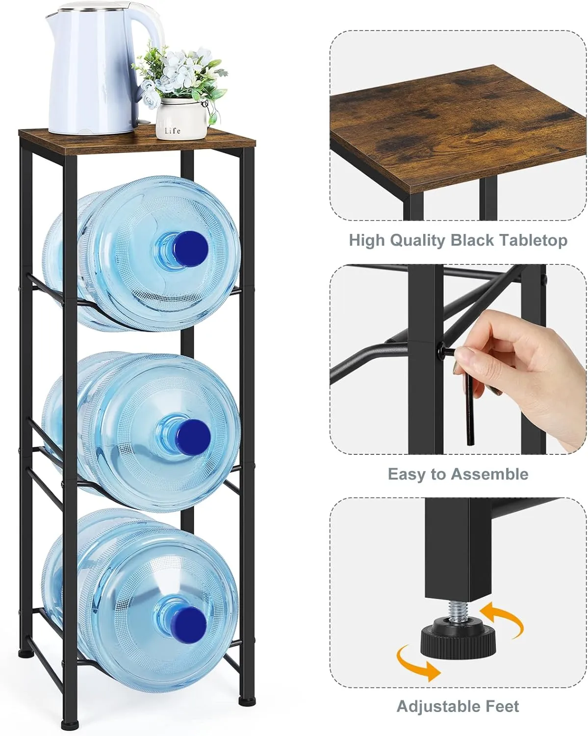Water Bottle Holder 5 Gallon Water Cooler Jug Rack 3-Tiers Water Bottle Organizer with Storage Shelves for Kitchen Living Room Office, Rustic Brown