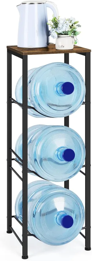 Water Bottle Holder 5 Gallon Water Cooler Jug Rack 3-Tiers Water Bottle Organizer with Storage Shelves for Kitchen Living Room Office, Rustic Brown