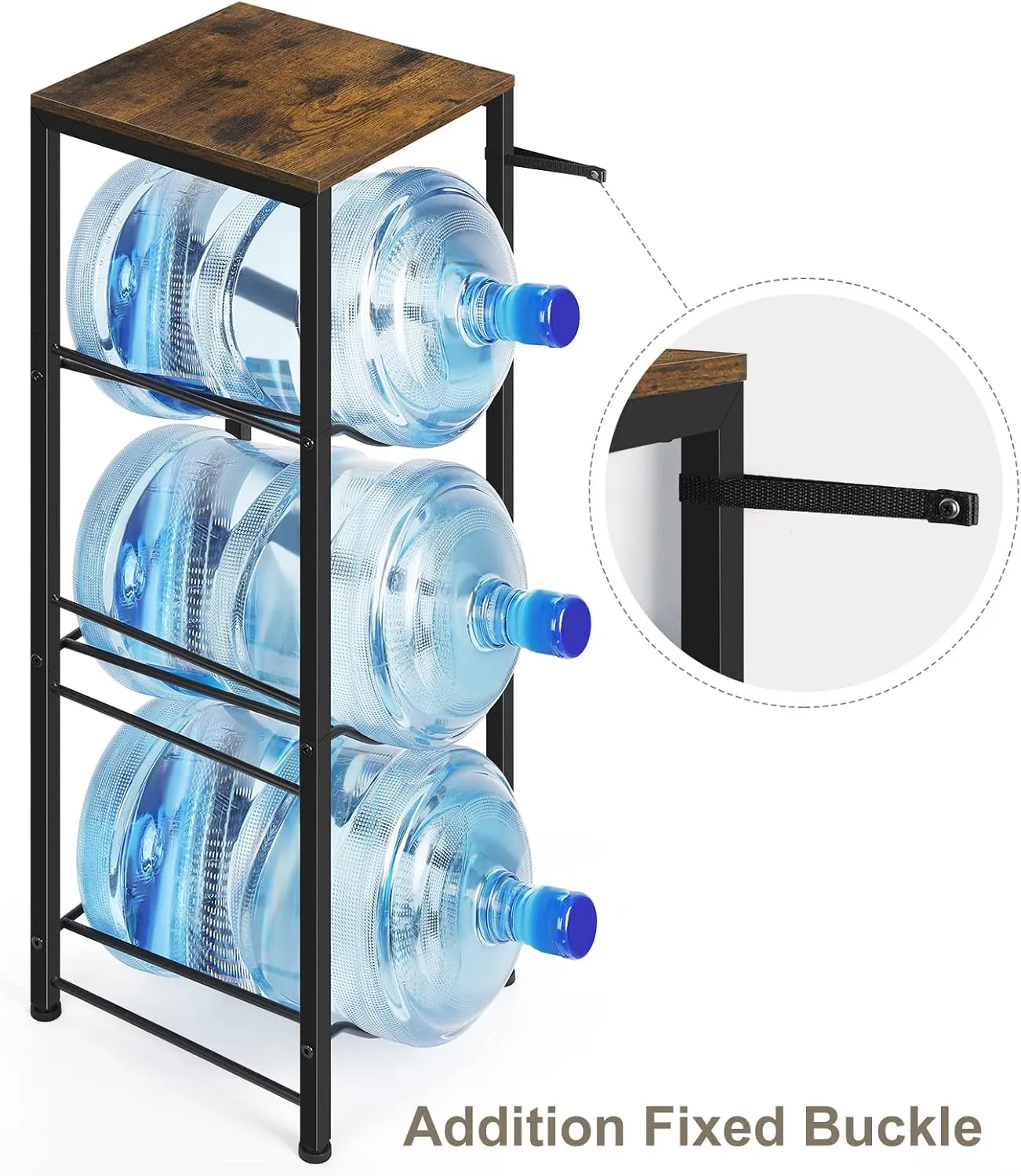 Water Bottle Holder 5 Gallon Water Cooler Jug Rack 3-Tiers Water Bottle Organizer with Storage Shelves for Kitchen Living Room Office, Rustic Brown