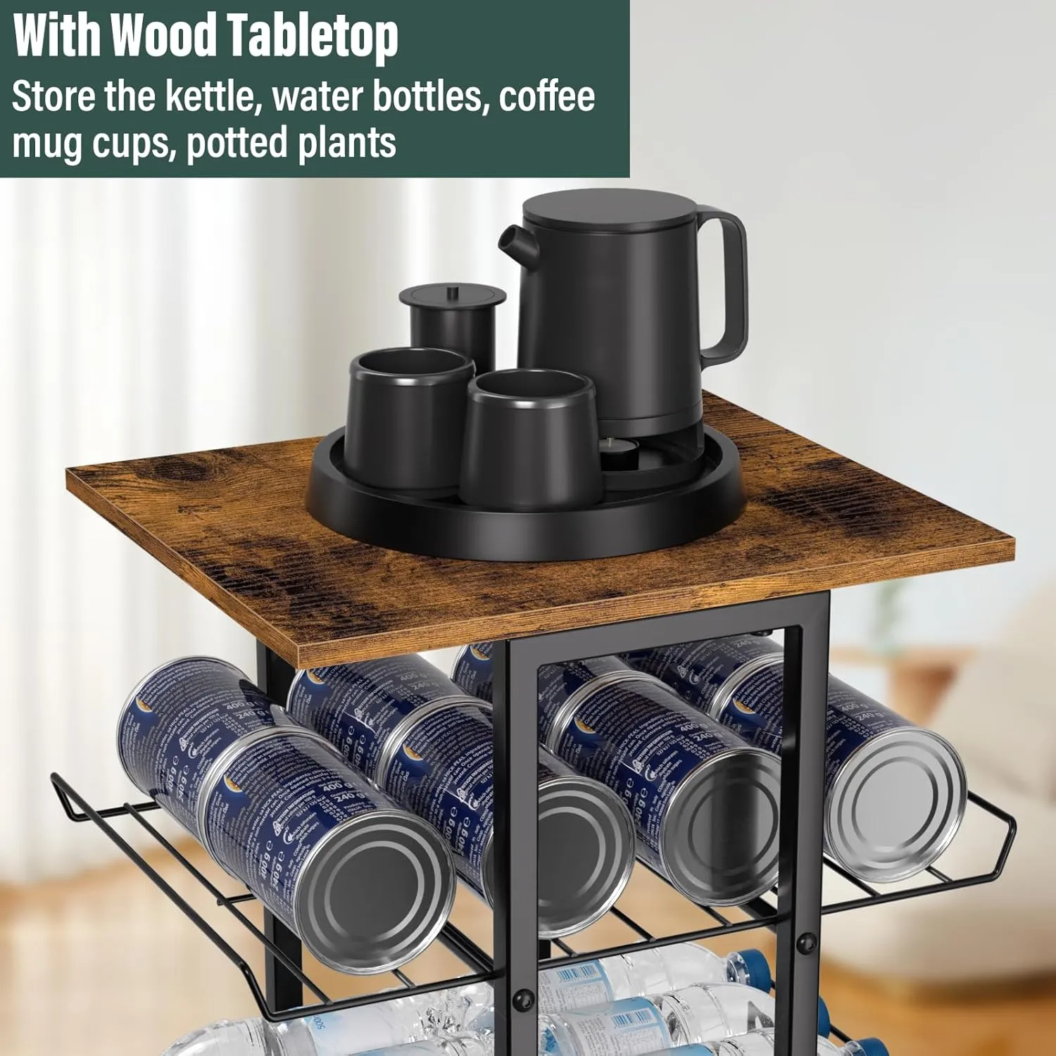 Water Bottle Organizer 4 Tier Bottled Water Storage Rack with Wheels Water Bottle Stand Drink Holder Metal Beverage Rack Soda Can Storage Shelf Organizer for Pantry Kitchen Home Office Party, Brown