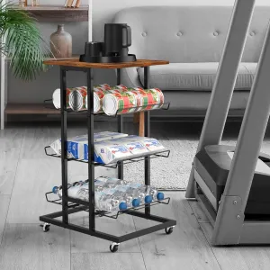 Water Bottle Organizer 4 Tier Bottled Water Storage Rack with Wheels Water Bottle Stand Drink Holder Metal Beverage Rack Soda Can Storage Shelf Organizer for Pantry Kitchen Home Office Party, Brown