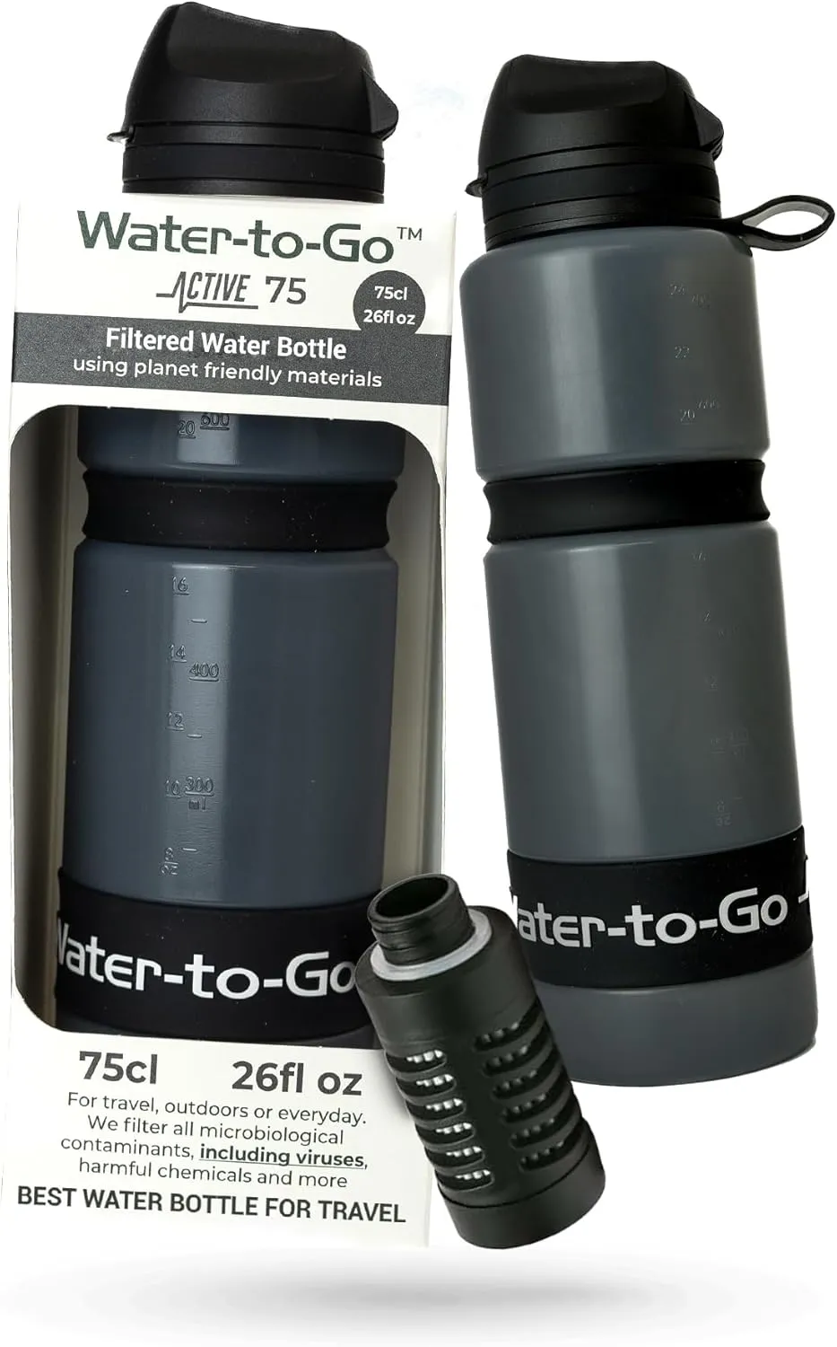 Water Bottle with Filter for International Travel – Eco-Friendly Bioplastic, New Leak-Proof Lid, Filters Viruses & Bacteria, Ideal Water Filter Bottle for Travel & Hiking