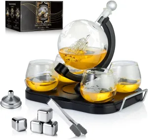 Whiskey Decanter Globe Set, Gifts for Men Husband Boyfriend Dad, with 4 Etched Whiskey Glasses, 4 Ice Cubes, Tong & Funnel, Decanter for Liquor, Bourbon, Scotch, Whisky, Vodka Brandy