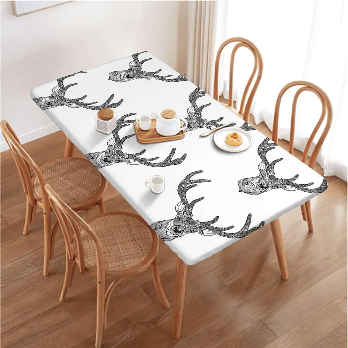 White and Black Elastic Tablecloth for Indoors Outdoors Artistic Abstract Deer Skull Tablecloth Fitted Table Cloth Rectangle Table,for 4 Foot Tables Antler